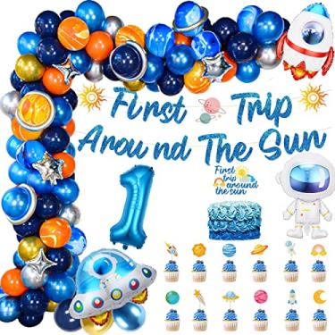 Imagem de iUgeeo Decorações De Aniversário "A Primeira Viagem Ao Redor Do Sol", Suprimentos Para Festa Espacial Com Topo Bolo E Cupcake, Faixa, Balões, Kit Arco Guirlanda, Foguete, Astronauta, Decoração Ovni,