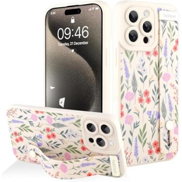 Imagem de AIGOMARA Capa protetora de silicone para iPhone 14 Pro com alça para mulheres e meninas, estampa floral fofa, branca