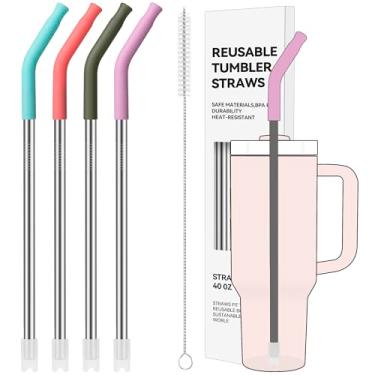 Imagem de Soledea 4 PÇS Canudos de metal de 1134 g para copo Stanley de 1,134 g, extra longo com pontas de silicone, fundo anti-clank, serve para jarros de 1,8 g e copos grandes