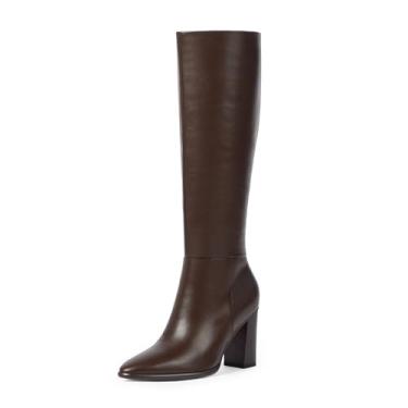 Imagem de Easyfox Botas de cano alto femininas bico fino salto grosso outono botas longas com zíper lateral couro sintético botas femininas, Poliuretano chocolate, 38