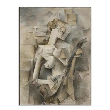 Imagem de Impressões de pinturas famosas Picasso "Menina com um bandolim" arte de parede em tela Picasso emoldurada arte abstrata para sala de estar 70 x 98 cm moldura preta