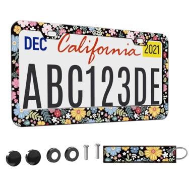 Imagem de 1 peça de moldura de placa de licença floral de flores hippie para mulheres, amarelo e preto com tema de planta floral para carro, moldura decorativa feminina, flores da natureza, suporte para placa