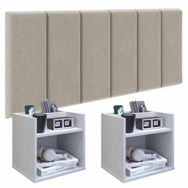 Imagem de Conjunto Cabeceira Casal 140cm com Kit de Mesa de Cabeceira Suspenso com Porta Celular Madri (Kit Branco/Cab Bege)