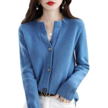 Imagem de Loose Outono E Inverno Novo 100% Puro Cashmere Das Mulheres Malha Cardigan Camada Externa Camisola Em Torno Do Pescoço Casaco, Smog Blue, M