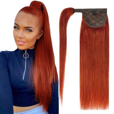 Imagem de FAAAL Extensão de rabo de cavalo de 50,8 cm cabelo humano #350 cobre vermelho clipe em rabo de cavalo extensão de cabelo humano 95 g liso Remy cabelo humano enrolado em torno de rabo de cavalo para
