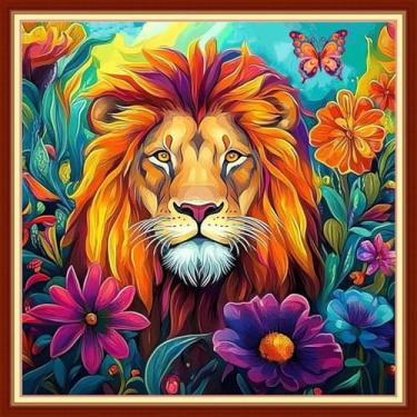 Imagem de DMCVIVR Kits de ponto cruz estampado para iniciantes e adultos, kits de bordado para iniciantes, kit cruzado para iniciantes, 11 quilate - flores de leão coloridas 45,7 x 45,7 cm