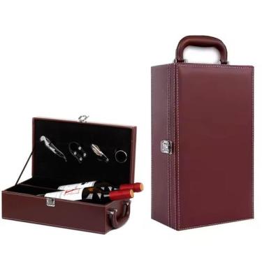 Imagem de Maleta Para Vinho Para Duas Garrafas Com Acessórios Couro Pu - Marrom 