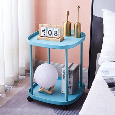 Imagem de Café Moderno Com Rodas Para Sala De Estar Extremidade Lateral Central Estrutura De Aço Carbono Prateleira Ajustável Aberta Para Pequenos Espaços Sala De Estar Quarto, Blue, 43 * 43 * 54cm