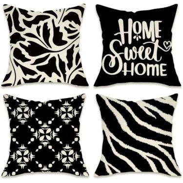 Imagem de Fahrendom Capa de almofada decorativa Home Sweet Home, 40,6 x 40,6 cm, conjunto de 4, vintage preto e branco, geométrico, varanda e pátio, capa de almofada para sofá de fazenda, decoração