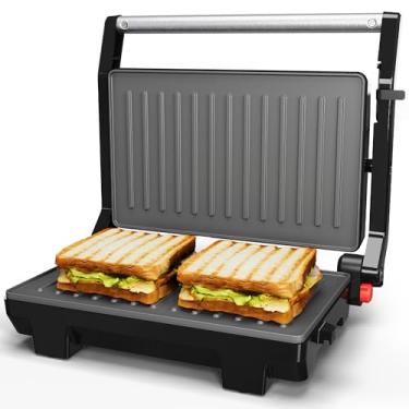 Imagem de Sunvivi Panini Press Sanduicheira: Grelha elétrica Panini com tampa de bloqueio, Panini Maker portátil para interior com placas antiaderentes, grelha dupla face 1000W com abertura plana de 180°, fácil
