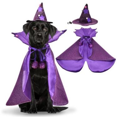 Imagem de Fantasia de Halloween para animais de estimação, capa e chapéu de brux