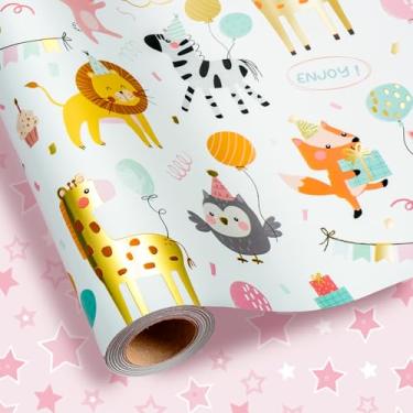 Imagem de Homeral Rolo de papel de embrulho para chá de bebê para meninas, envoltório de presente de animal metálico reversível com leão, girafa, zebra, coelho, raposa para aniversário infantil, revelação de