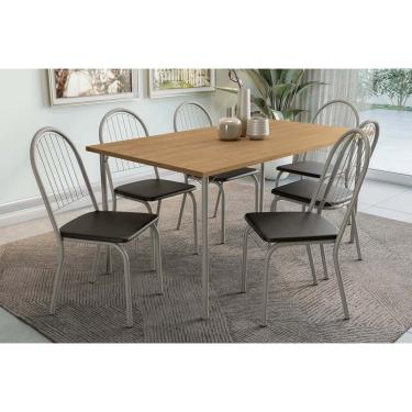 Imagem de Sala de Jantar Completa Sena Tampo Madeirado 90x160cm e 6 Cadeiras Noruega Niquel/Nogueira - Courano Preto - Kappesberg