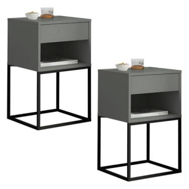 Imagem de Kit 2 Un Mesa de Cabeceira Sofia Estilo Industrial Base Aço 1 Gaveta E 1 Nicho(Cinza/Pé Preto)
