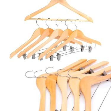 Imagem de Kit 10 Cabides de Madeira Maciça Adulto Slim Premium Envernizados com Presilhas Gancho Metálico