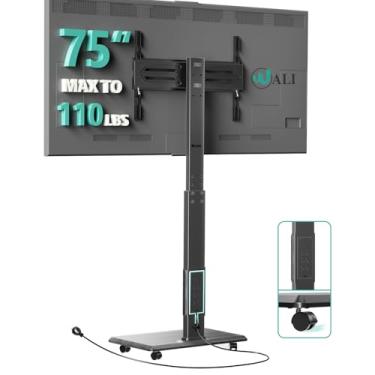 Imagem de WALI Suporte de TV de chão com tomada, suporte de TV alto com rodas para TV de 32 a 75 polegadas até 50 kg, carrinho de TV ajustável com altura giratória com base de madeira para quarto (TVDVD-7PR