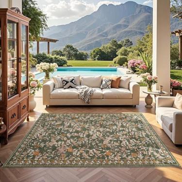 Imagem de jinchan Tapete floral 12 x 18 cm lavável vintage primavera macio antiderrapante envelhecido laranja verde tapete com destaque para sala de estar, cozinha, quarto, sala de jantar, berçário