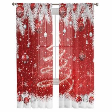 Imagem de Cortinas transparentes de Natal de 182 cm de comprimento com bolas vermelhas para sala de estar, árvore de Natal, floco de neve, pinheiro, agulha, filtragem de luz, cortinas semicortina para decoração