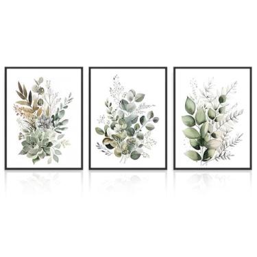 Imagem de Dazzlewall 3 peças de decoração de parede boho, impressão de pôster botânico de folhas verdes para banheiro, sala de estar, decoração de parede de quarto de folhas de eucalipto, 30 x 40 cm, sem