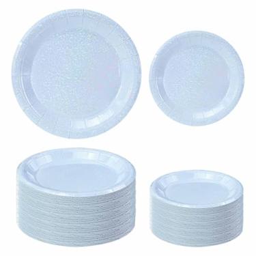 Imagem de FALIZIFU 50 peças de pratos de papel azul claro iridescente, 63 cm x 18 cm e 65 × 23 cm, pratos de jantar de marfim descartáveis para chá de bebê, festa de aniversário, prato de sobremesa descartável
