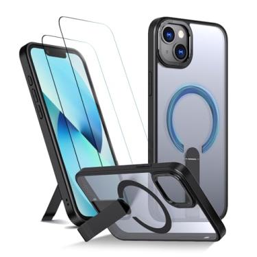 Imagem de Capa para iPhone 14 Plus Capinha - Compatível com MagSafe, com protetor de ecrã temperado de 2 peças, estojo ultrafino resistente a choques e quedas com suporte ajustável - Preto