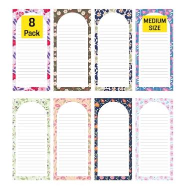 Imagem de 8 blocos de notas magnéticos – blocos de notas para lista de compras, lista de tarefas, lembretes - parte traseira magnética forte - bloco de notas com desenhos florais | 25 folhas por bloco 19 x 9 cm