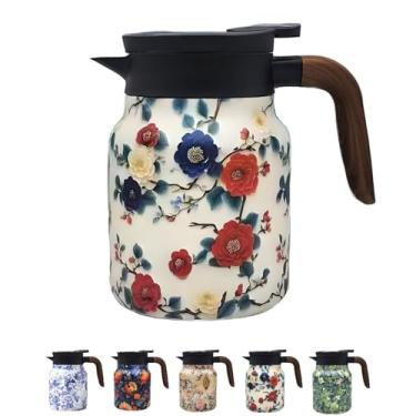Imagem de Garrafa térmica de chá com padrão floral vintage, 1 litro - Chaleira para garrafa térmica de aço inoxidável quente e frio, bule de chá vintage com infusor, adequado para festa/uso familiar (flor de