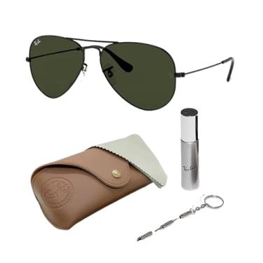 Imagem de Ray-Ban Óculos de sol RB3025 CLASSIC AVIATOR com armação preta polida com lentes verdes sólidas de 58 mm inclui um kit oficial de óculos