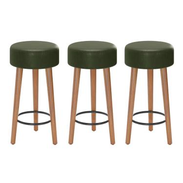 Imagem de Kit 03 Banquetas Baixa Cozinha Paris Estofada D-33 Pés de Madeira Rosqueáveis Corano Verde - Desk Design