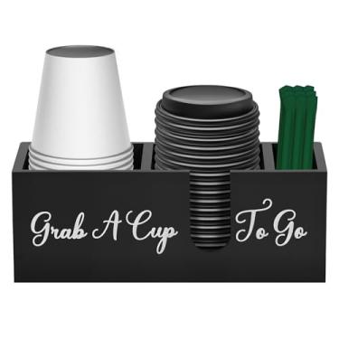 Imagem de Organizador de mesa de café de madeira com 3 compartimentos versátil para copo e tampa para casa, hotel, restaurante, bar (preto, 1 pacote)