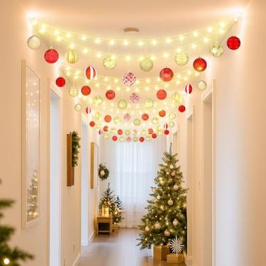 Imagem de Soulchen O kit de decorações de teto de Natal inclui 24 peças de enfeites de bolas de 40 metros com 320 LEDs e ganchos, decoração de corredor de Natal para festas de Natal, ambientes internos e