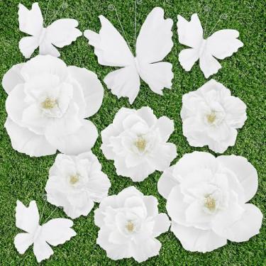 Imagem de Aneco 10 peças de flores artificiais de papel grande 3D borboletas de papel grande para decoração de fundo floral de parede decorações de flores gigantes para decoração de aniversário, chá de panela