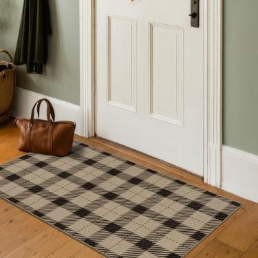 Imagem de Easy Jute Tapetes neutros 2x4 para entrada, tapete xadrez de búfalo para porta da frente, tapetes laváveis para entrada interna, sala de estar pequena, decoração antiderrapante xadrez preto e bege