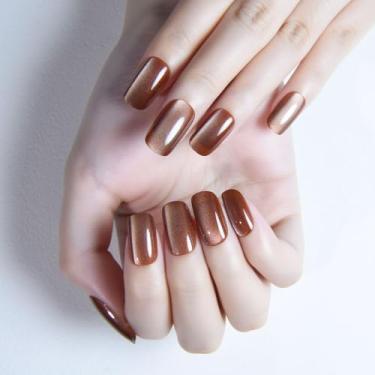 Imagem de Nude Brown Cat Eye Press on Nails Medium Square, Medium Square Jelly Glue on Nails Chrome for Women Gift, Brown Holographic Glitter Brilhante Reutilizável Cola de Gelatina Unhas Falsas com Design