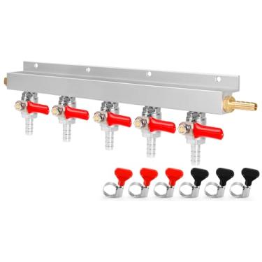 Imagem de Dbgogo Kegerator Co2 Manifold, 5-Way Keg Co2 Splitter 5/40.6 cm Bard Fitting Co2 Gas Distributor Beer Keg Air Distributor Gas Manifold Regulator Splitter with Integrated Check Valves & Hose Clamps