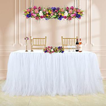 Imagem de Saia de mesa tutu de tule branco para festa de casamento, aniversário, chá de bebê, festa de dama de honra, decoração de mesa de sobremesa feita à mão e fofa, saia de mesa para retangular ou redonda, 2,7 m