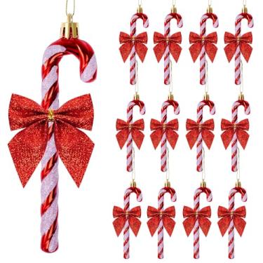 Imagem de Haakong 12 peças de decorações de Natal de bengala doce com laço glitter plástico vermelho enfeites de bengala doce árvore de Natal enfeite para decoração de festa de feriado (12, vermelho)