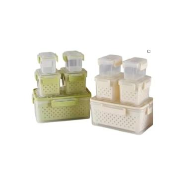 Imagem de Conjunto de 5 Potes Herméticos com Tampa e Cesto, Plástico Transparente com Cestos Bege e Verde, Empilháveis para Cozinha, Grande 26x17x12cm, Médio 15x10,5x9,5cm, Pequeno 11x8x7,5cm