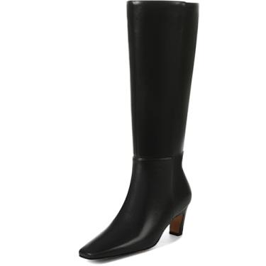 Imagem de Botas femininas cano alto salto gatinho bico quadrado longo botas de couro sintético salto baixo moda vestido de panturrilha larga/casual botas elásticas com zíper lateral, Preto, 39