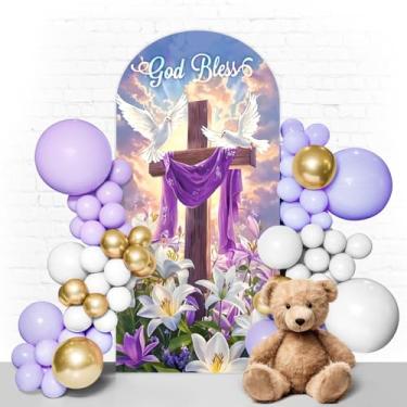 Imagem de Capa de arco God Bless 2,5 m, pano de fundo He is Risen, primeira comunhão, batizado, festa dupla face, elastano, pano de fundo redondo, elástico para fotos de festa