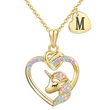 Imagem de Fezodo Colares com inicial de unicórnio, presentes para meninas e crianças – Colar de coração banhado a ouro real 14K, com inicial de unicórnio, presentes para meninas e adolescentes, Latão, Sem Pedra