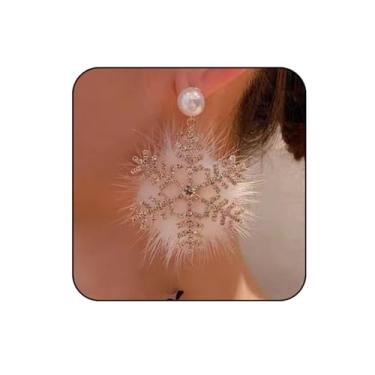 Imagem de RLHRNDE Brincos femininos de floco de neve de Natal exclusivos para o inverno, brilhantes e fofos, brincos de pérola de floco de neve, adequados para roupas diárias, acessórios de Natal, férias, joias