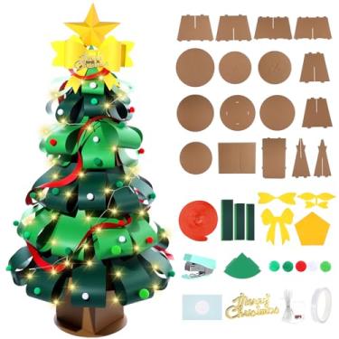 Imagem de Funrous Kit de árvore de Natal grande de papel DIY de 1,5 m com luzes, enfeite de pompom, faça um conjunto de artesanato de árvore de Natal em 3D, decorações de festa de Natal para atividades