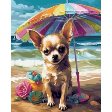 Imagem de XTXGERL Kit de pintura por números para adultos Chihuahua iniciante cachorro na praia kit de pintura a óleo para desenho faça você mesmo artes acrílicas artesanato kit presente para decoração de casa