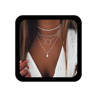Imagem de Ximdble Colar vintage em camadas com pingente de lágrima, colar de argola circular, corrente de ouro, retrô, pedra da lua, gargantilha em camadas, joia feminina, Zinco, Sem Pedra Preciosa
