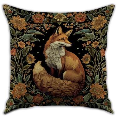 Imagem de RBAFAO William Morris Inspirado Abstrato Vintage Fox Design Fronhas Decoração de Casa Arte Capa de Almofada para Cama Sofá Sala de Estar, Carro Interior e Exterior (Marrom-Fox, 45,7 x 45,7 cm)