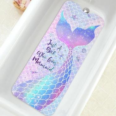 Imagem de Tapete de banheira antiderrapante, tapete de banheira extra longo sereia tapete de chuveiro com ventosas e orifícios de drenagem para adultos crianças idosos 101 x 40 cm