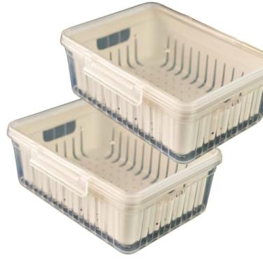 Imagem de Organizador de Geladeira，Secador de Salada，Conjunto de 6 PeçAs，Capacidade de 3,8 Litros，Completo Com Tampa e Bandeja Interna para Drenagem de áGua，Adequado para Lavar Frutas e Legumes(2 Organizadores)