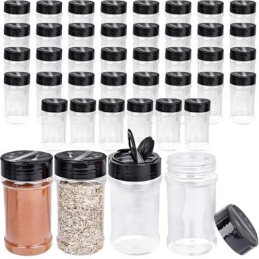 Imagem de 20 potes de especiarias de plástico de 156 g com tampas de coqueteleira, frascos de especiarias transparentes com tampas pretas, recipientes vazios de tempero para cozinha, armazenamento de ervas e