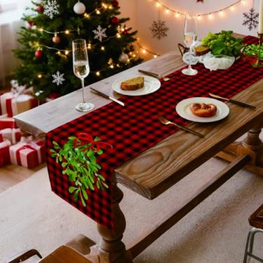 Imagem de Caminho de mesa de Natal, decoração de mesa de jantar de cozinha xadrez búfalo de inverno para decoração de festa de Natal em casa 33 x 70 polegadas